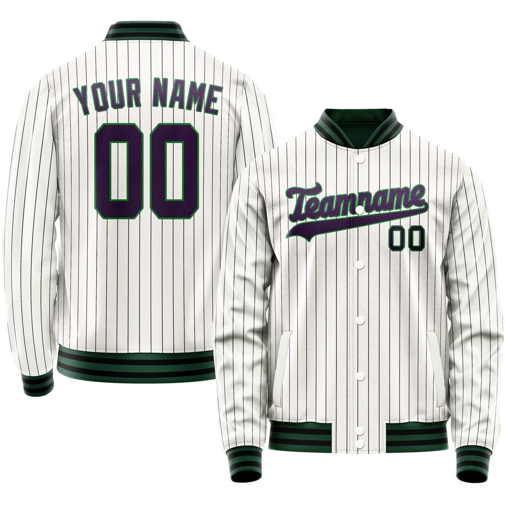 Personalized White & Navy Purple Pinstripe Varsity Letterman Jacket