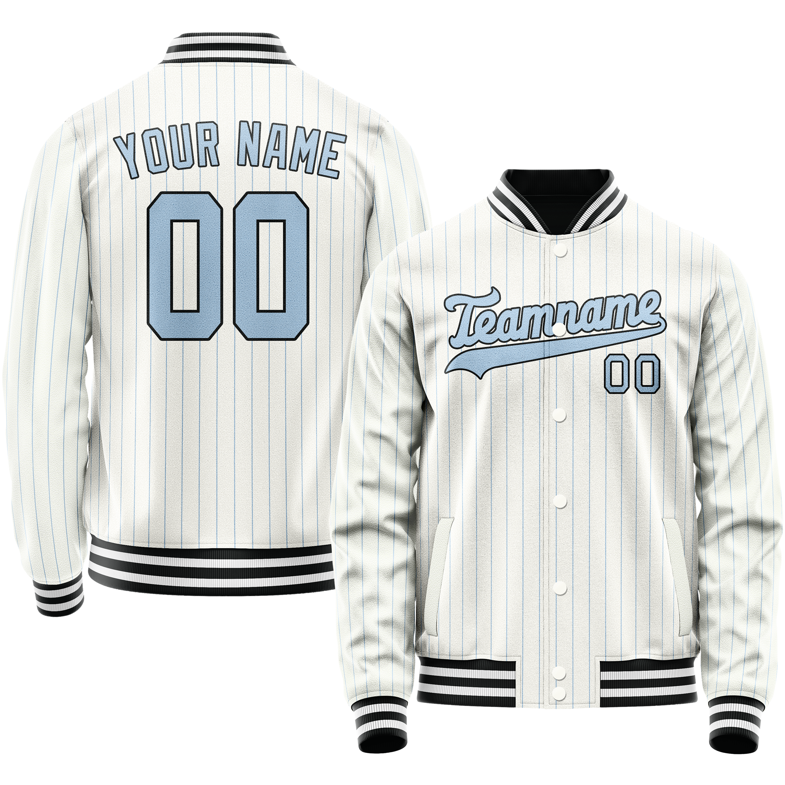 Personalized White & Light-Blue Light Blue Pinstripe Varsity Letterman Jacket