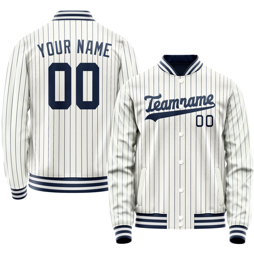 Personalized White & Navy Navy Pinstripe Varsity Letterman Jacket