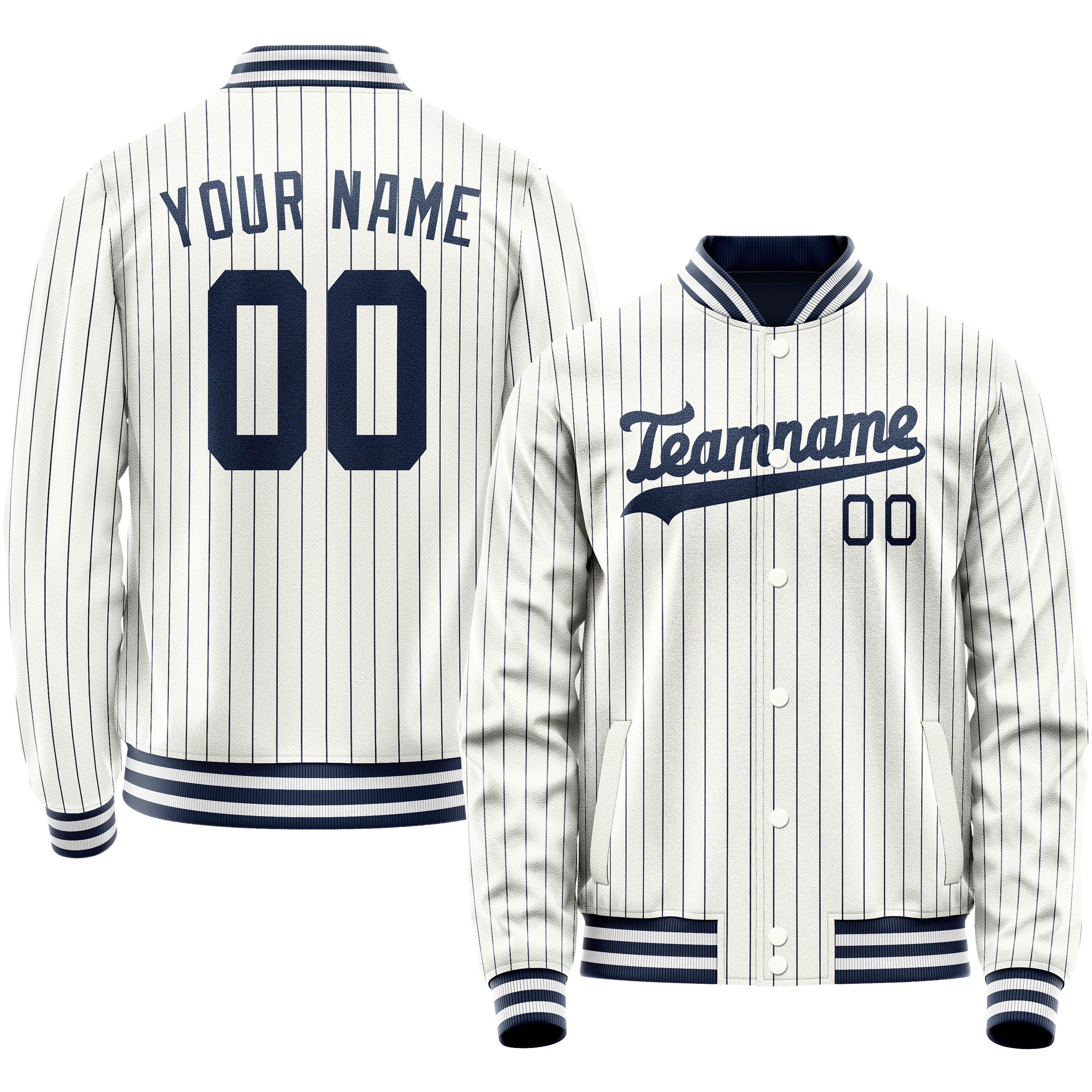 Personalized White & Navy Navy Pinstripe Varsity Letterman Jacket