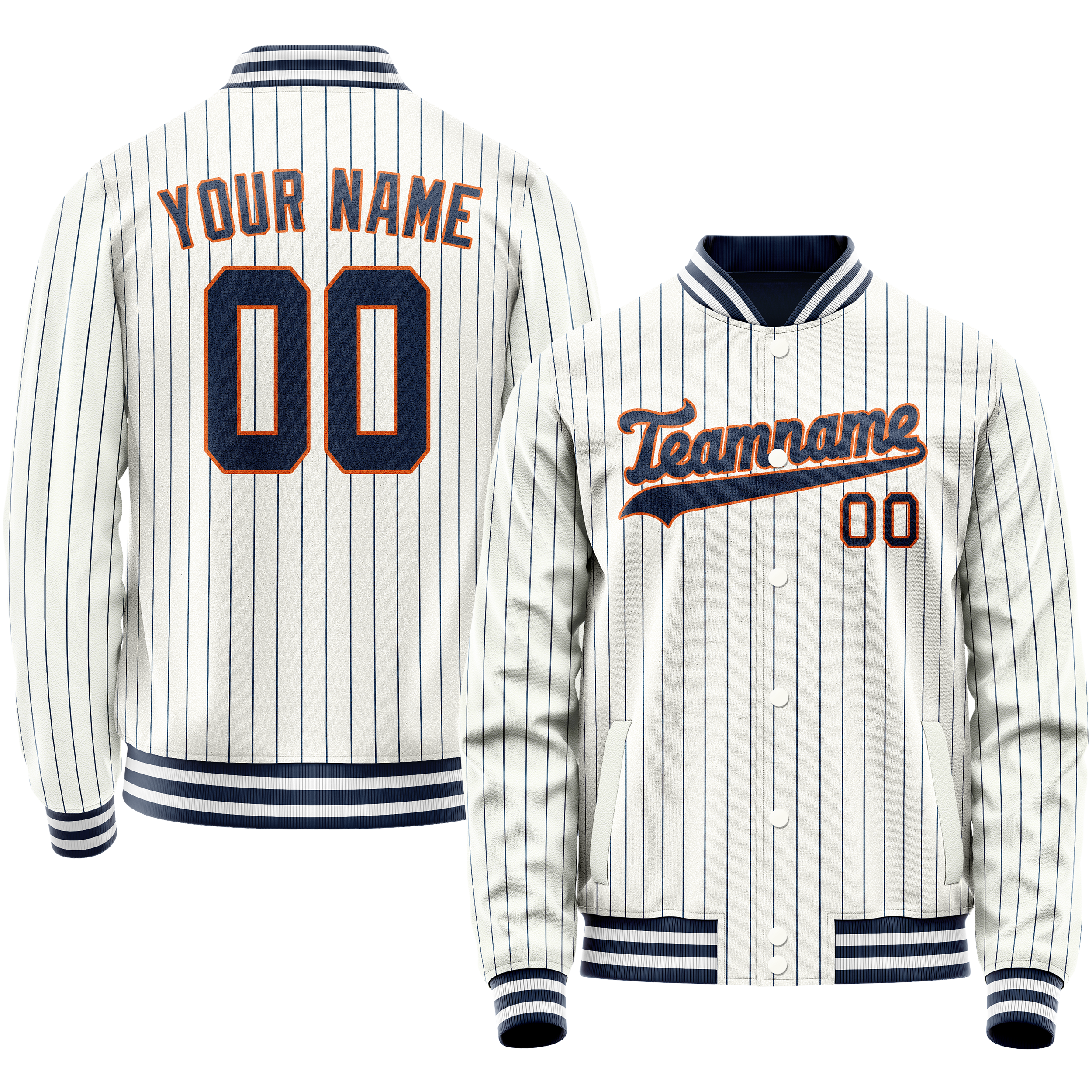 Personalized White & Navy Blue Pinstripe Varsity Letterman Jacket