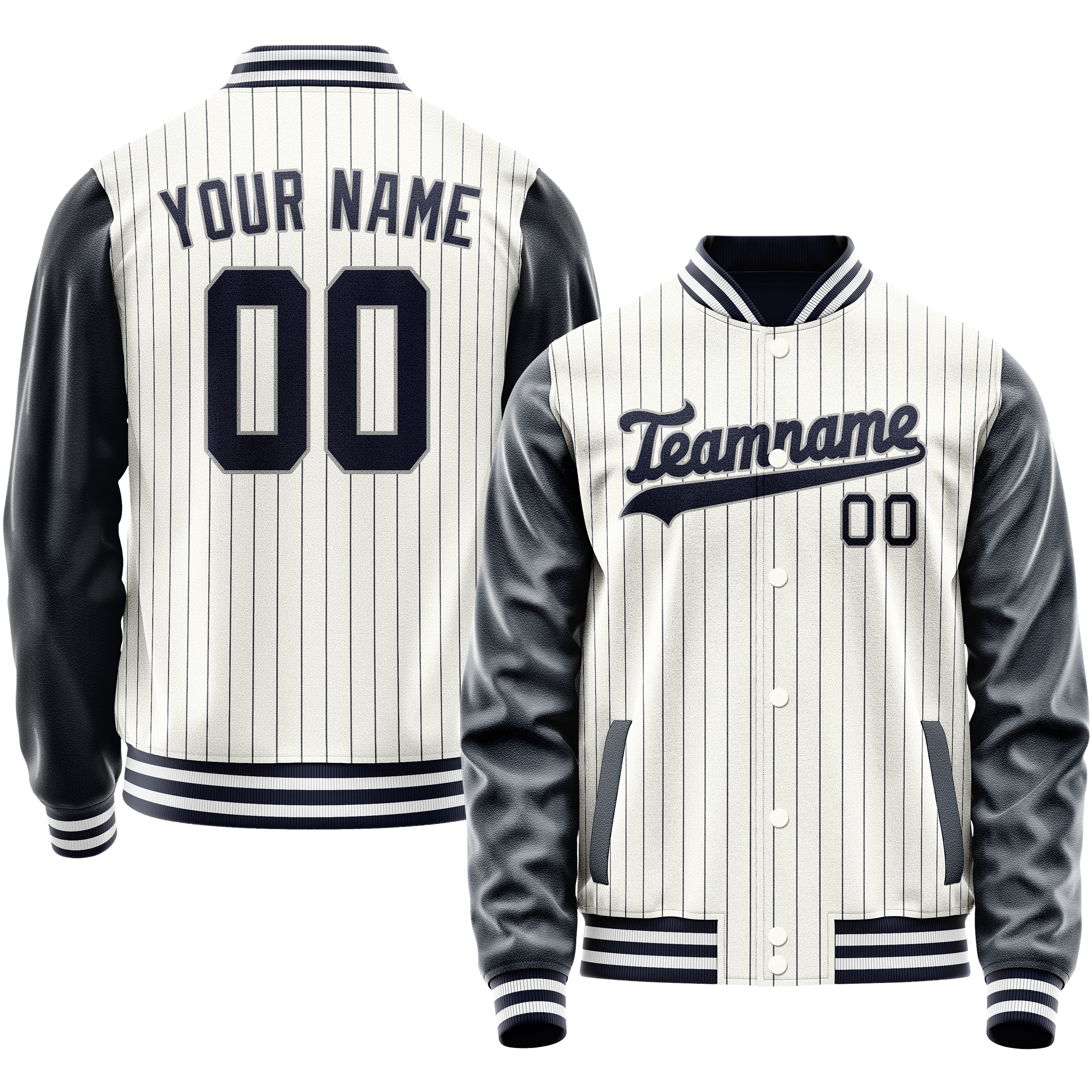 Personalized White & Navy Navy Pinstripe Varsity Letterman Jacket