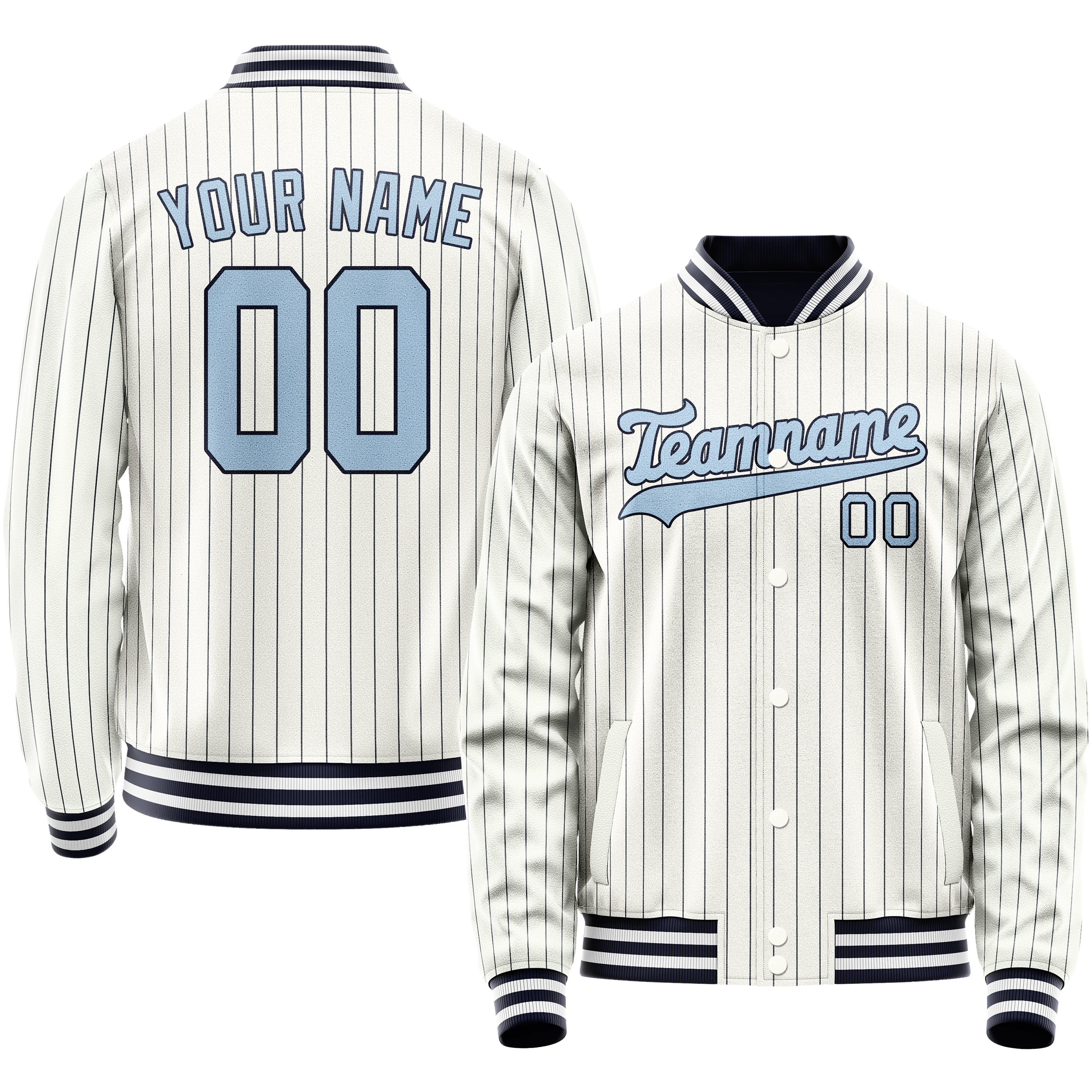Personalized White & Light-Blue Navy Pinstripe Varsity Letterman Jacket