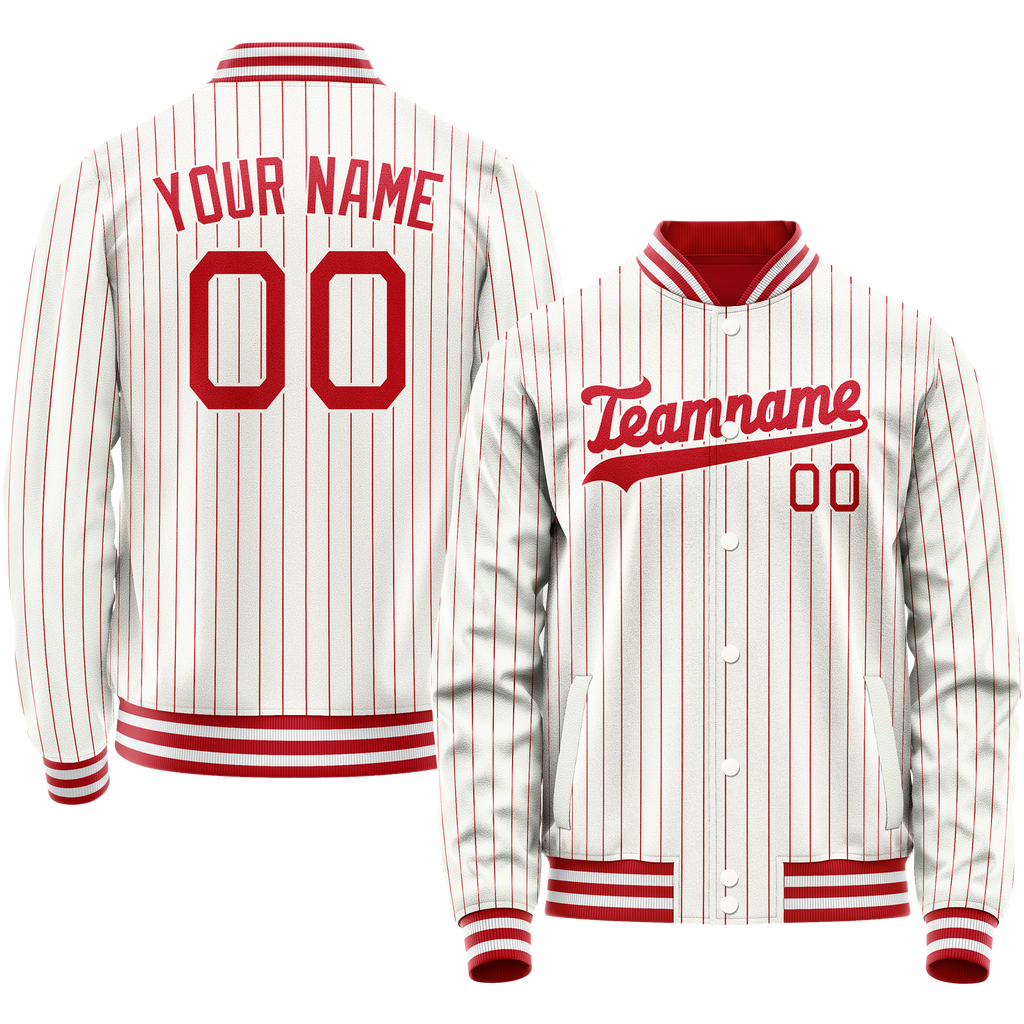 Personalized White & Red Red Pinstripe Varsity Letterman Jacket