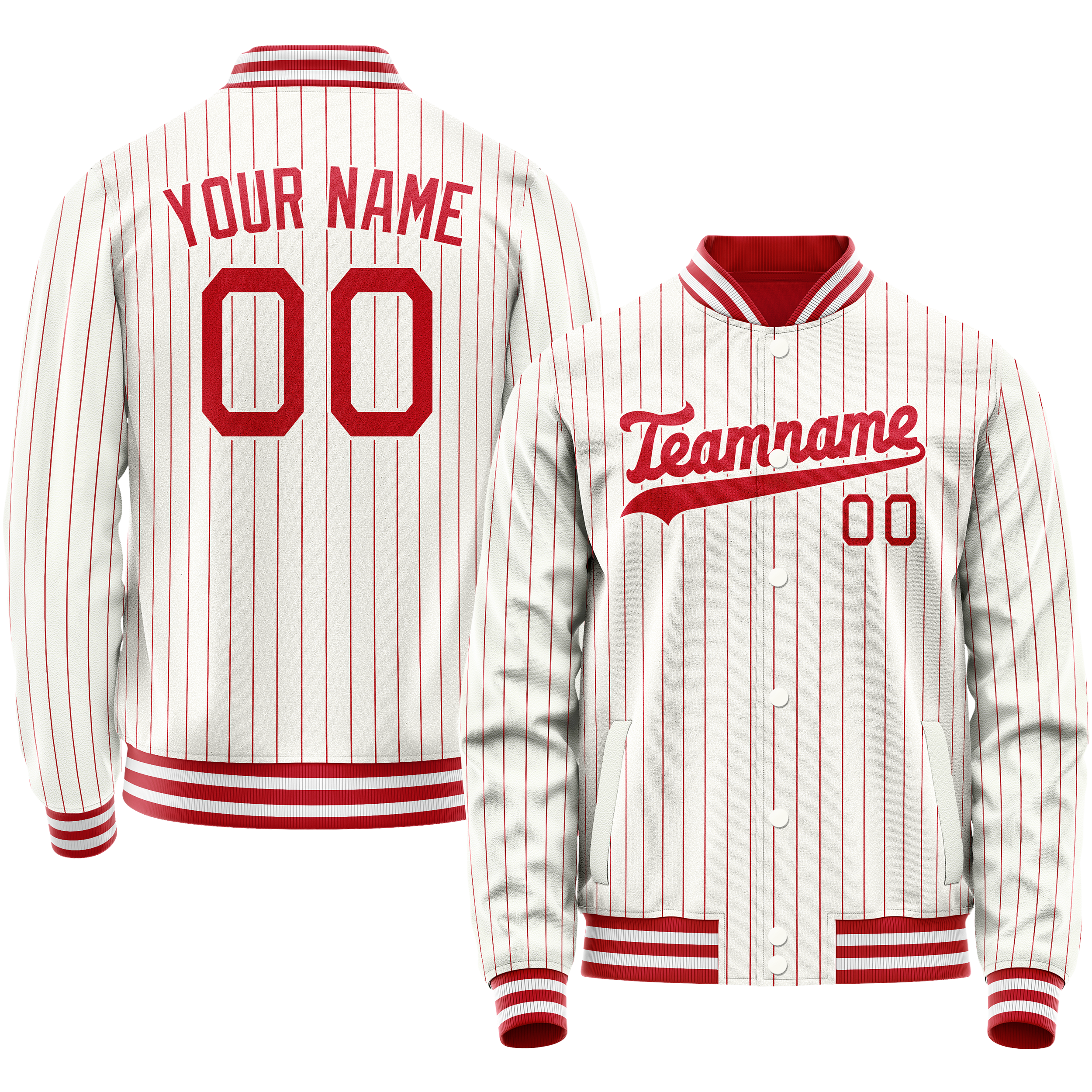 Personalized White & Red Red Pinstripe Varsity Letterman Jacket