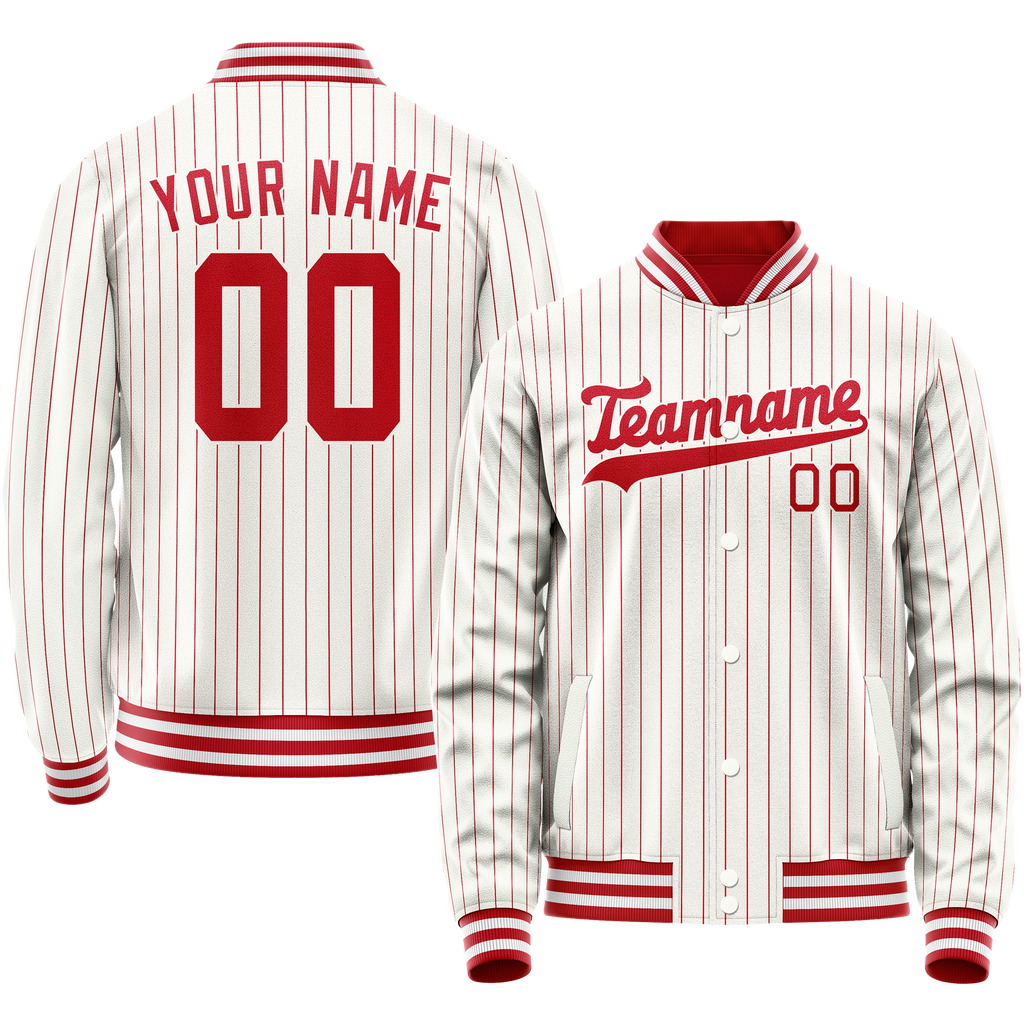 Personalized White & Red Red Pinstripe Varsity Letterman Jacket
