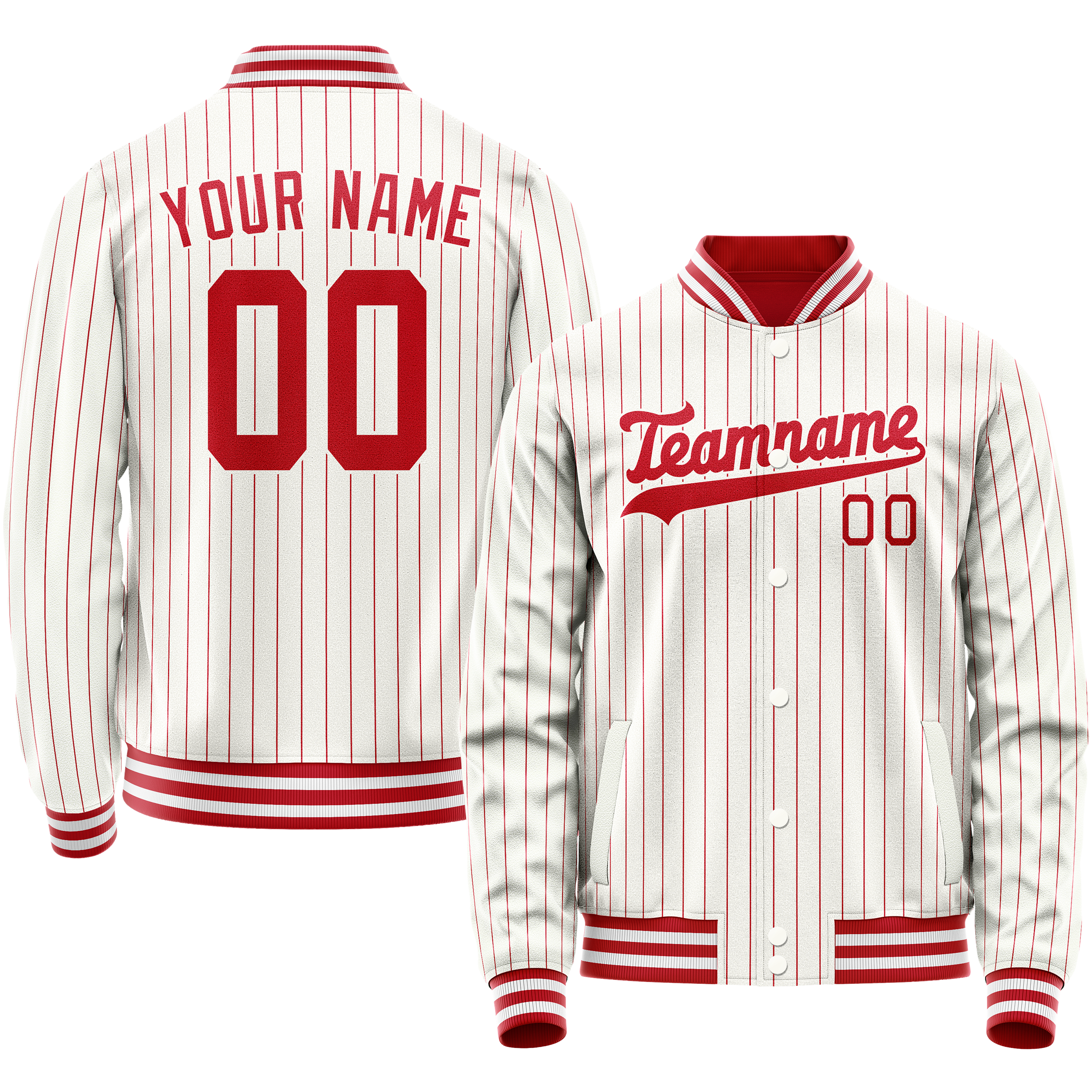 Personalized White & Red Red Pinstripe Varsity Letterman Jacket