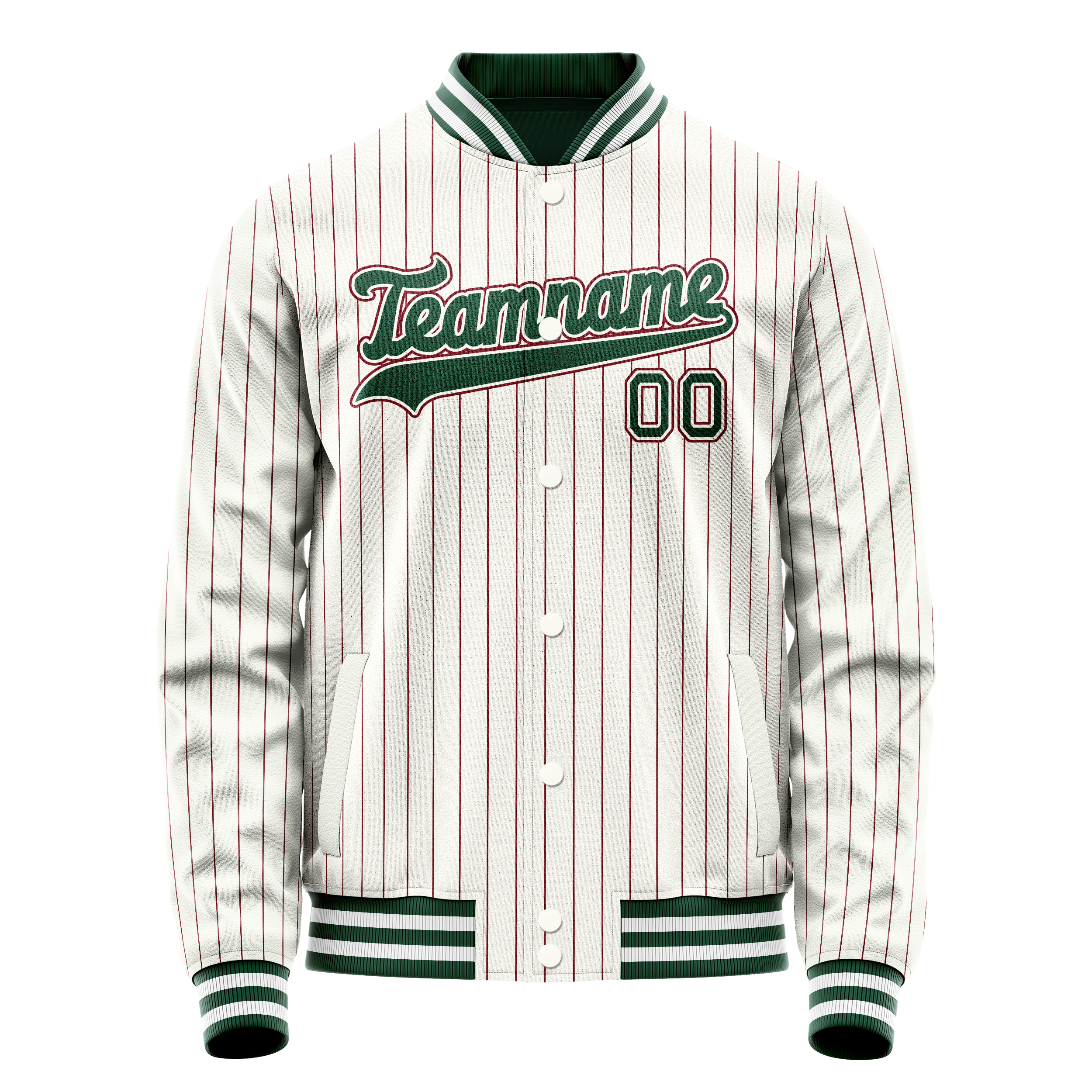 Personalized White & Green Red Pinstripe Varsity Letterman Jacket