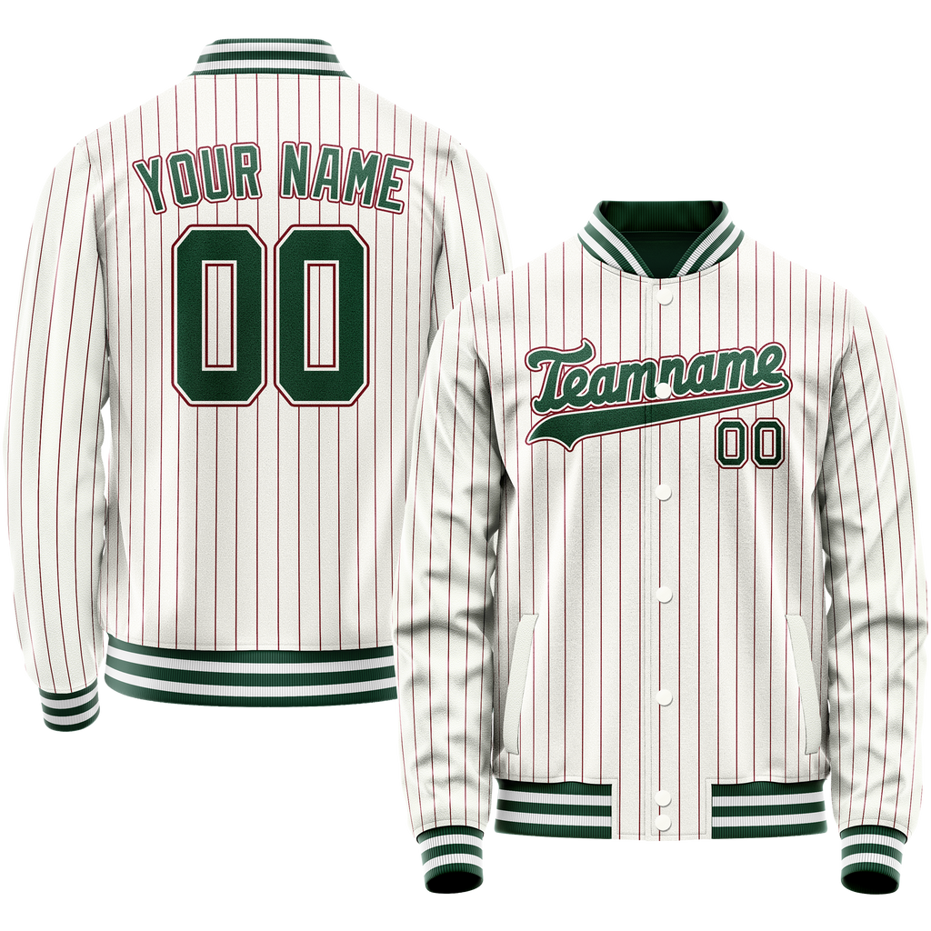 Personalized White & Green Red Pinstripe Varsity Letterman Jacket