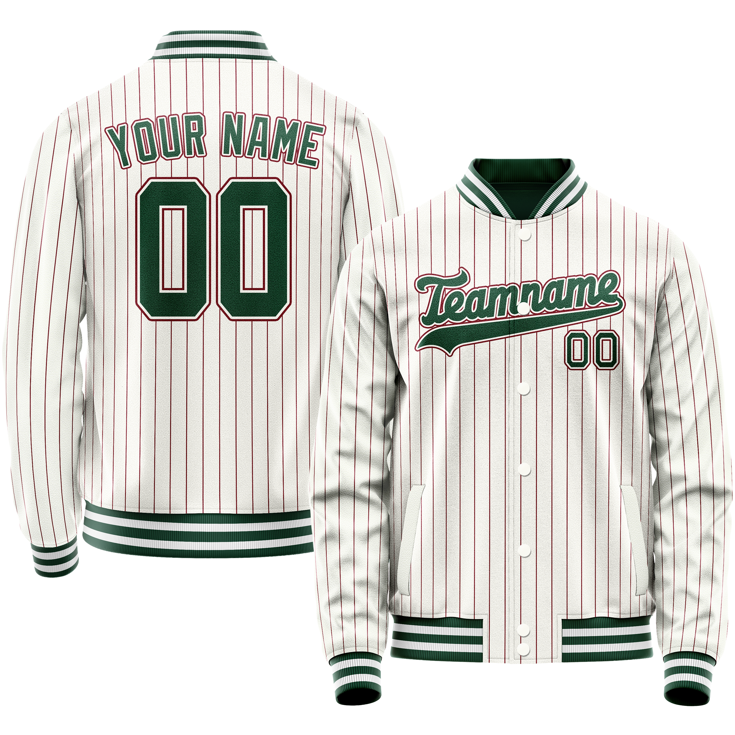 Personalized White & Green Red Pinstripe Varsity Letterman Jacket