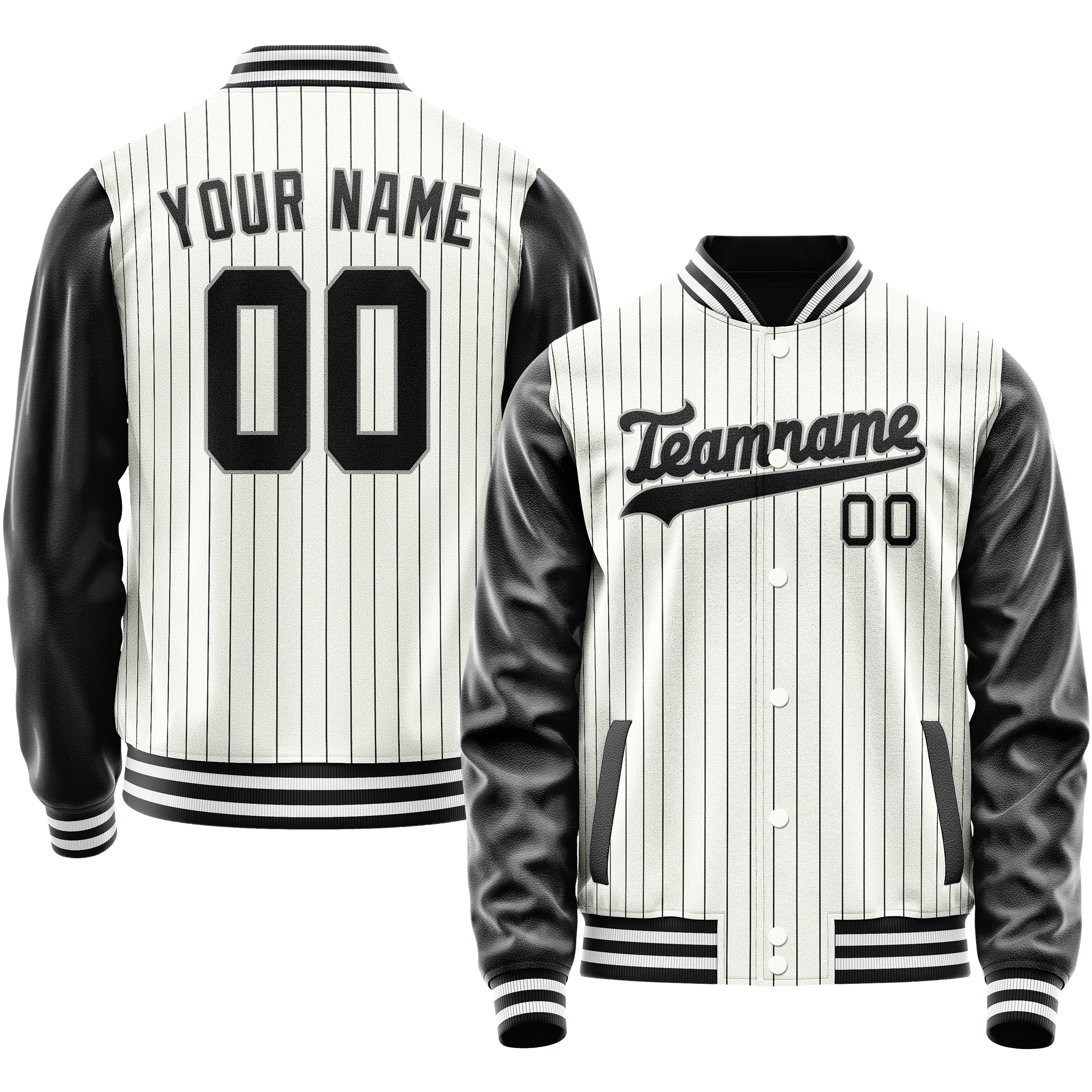 Personalized White & Black Gray Pinstripe Varsity Letterman Jacket