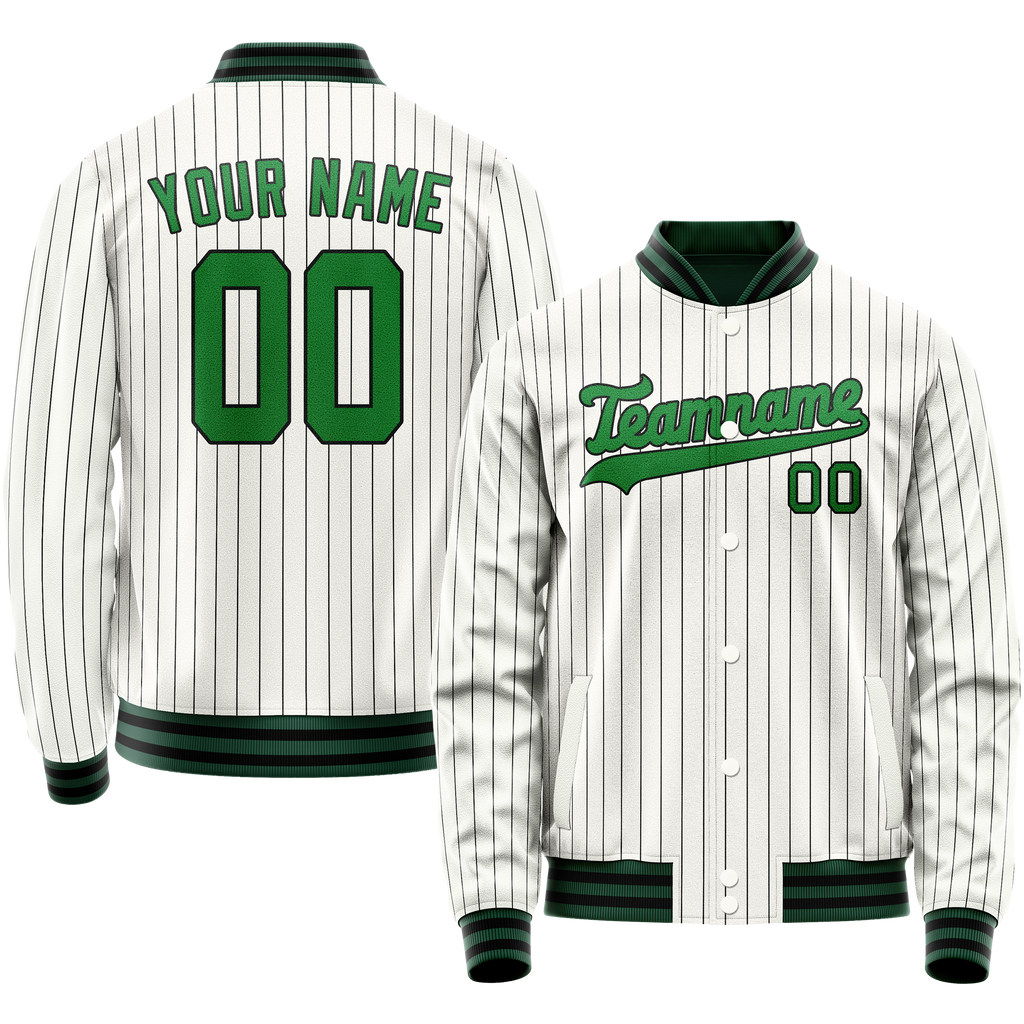 Personalized White & Neon-Green Black Pinstripe Varsity Letterman Jacket