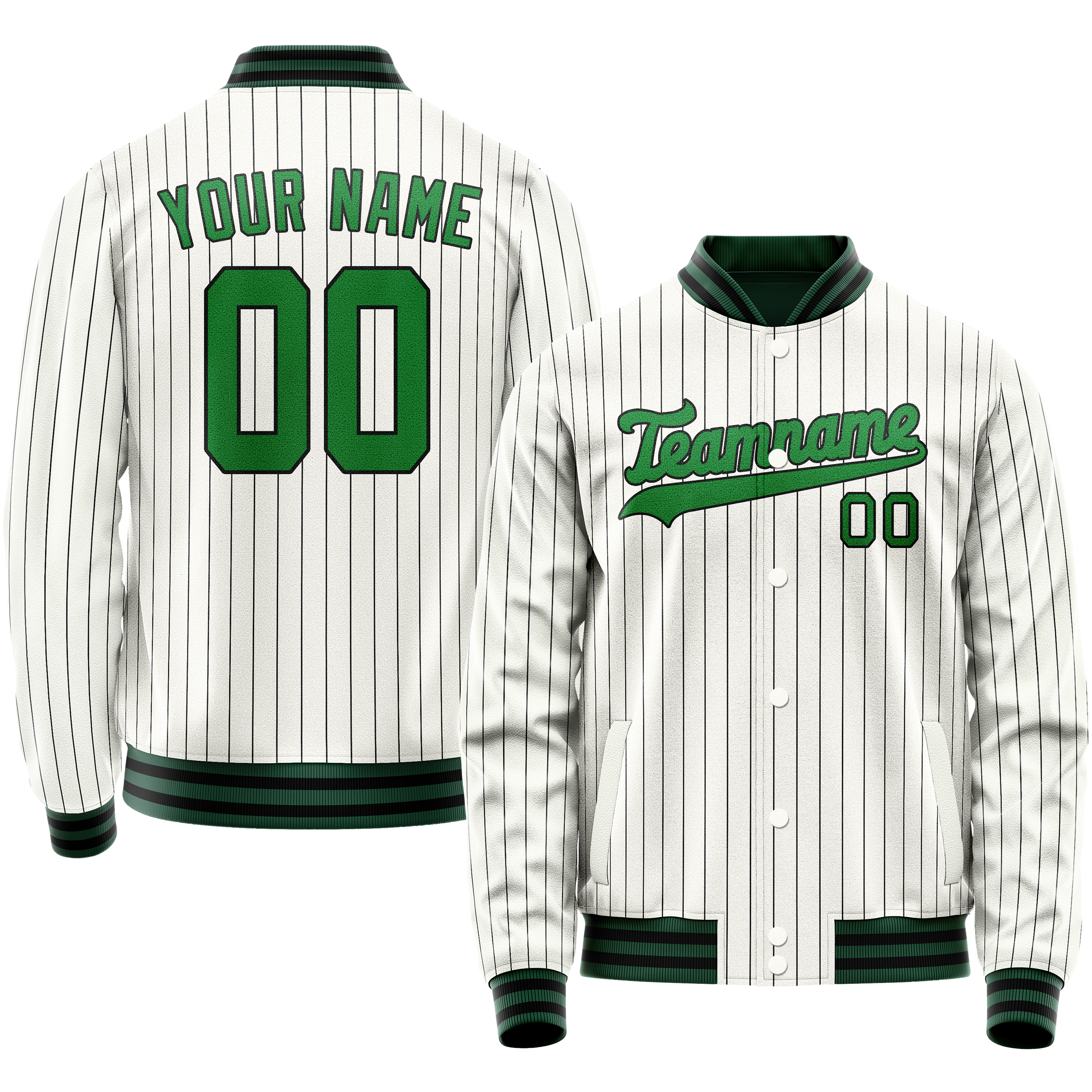 Personalized White & Neon-Green Black Pinstripe Varsity Letterman Jacket