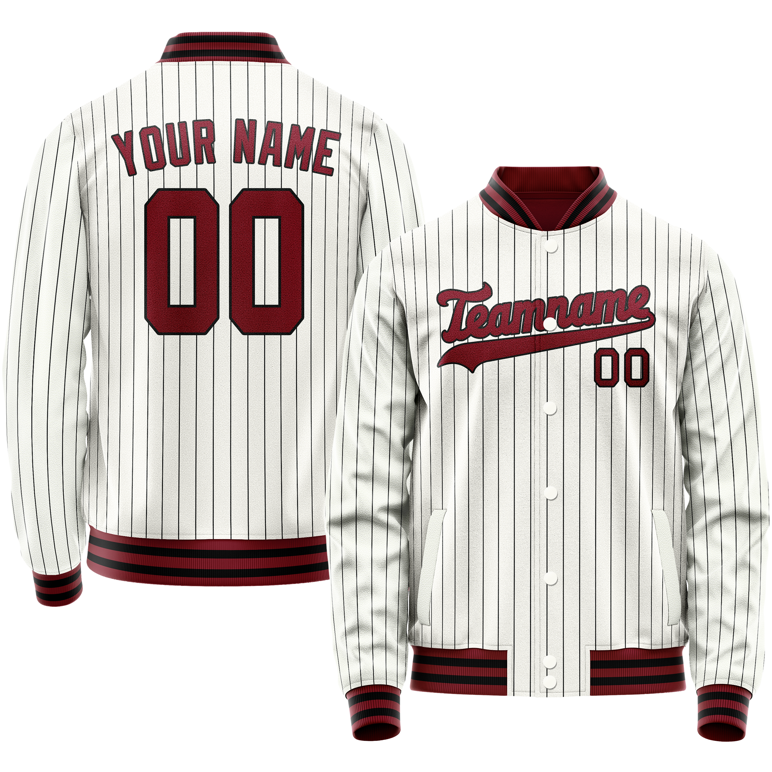 Personalized White & Red Black Pinstripe Varsity Letterman Jacket