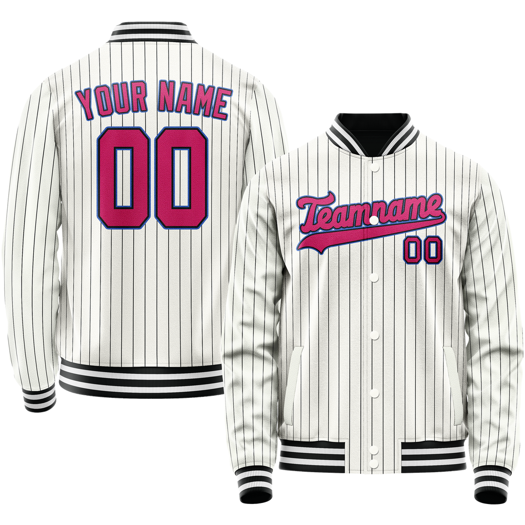 Personalized White & Pink Black Pinstripe Varsity Letterman Jacket