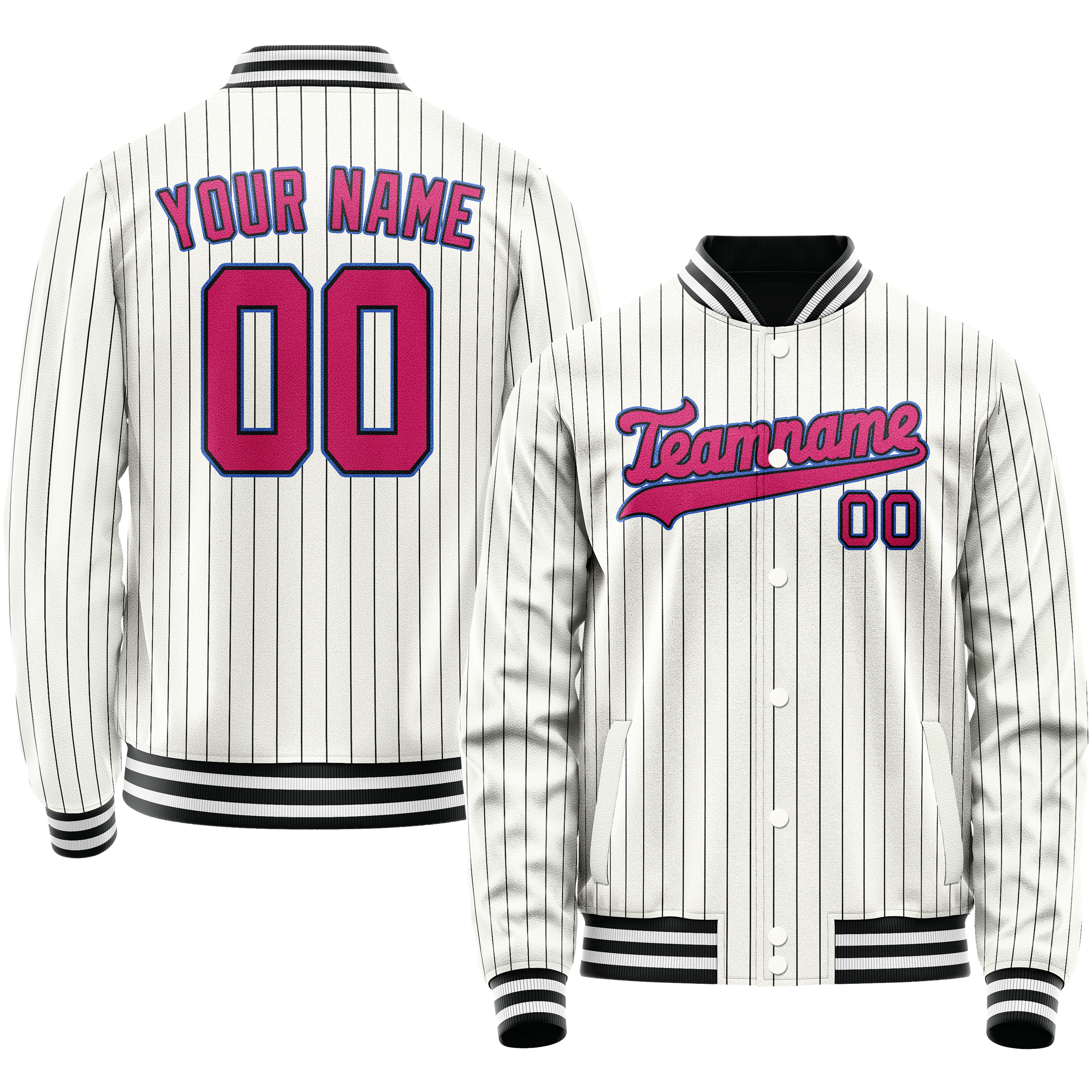 Personalized White & Pink Black Pinstripe Varsity Letterman Jacket
