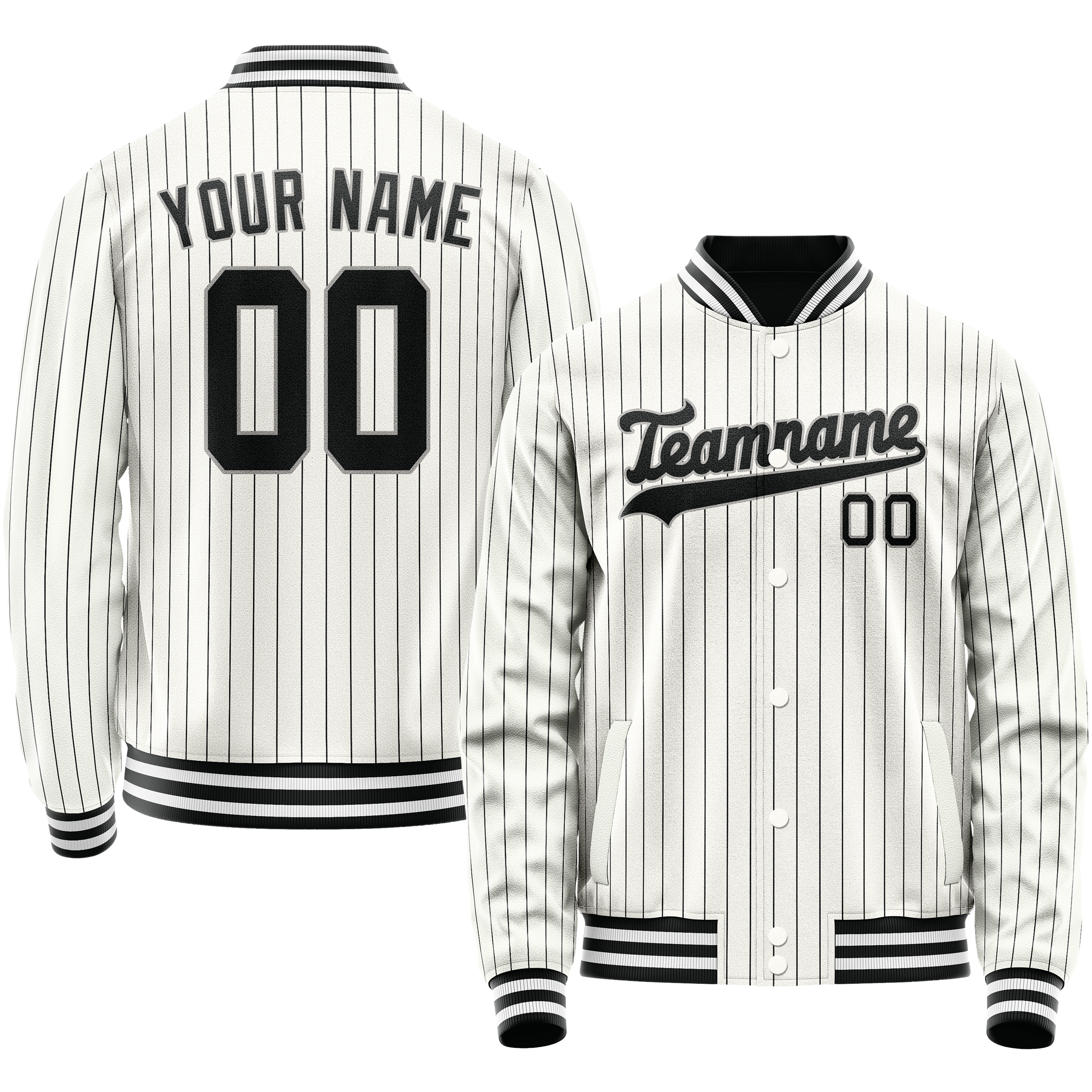 Personalized White & Black Black Pinstripe Varsity Letterman Jacket
