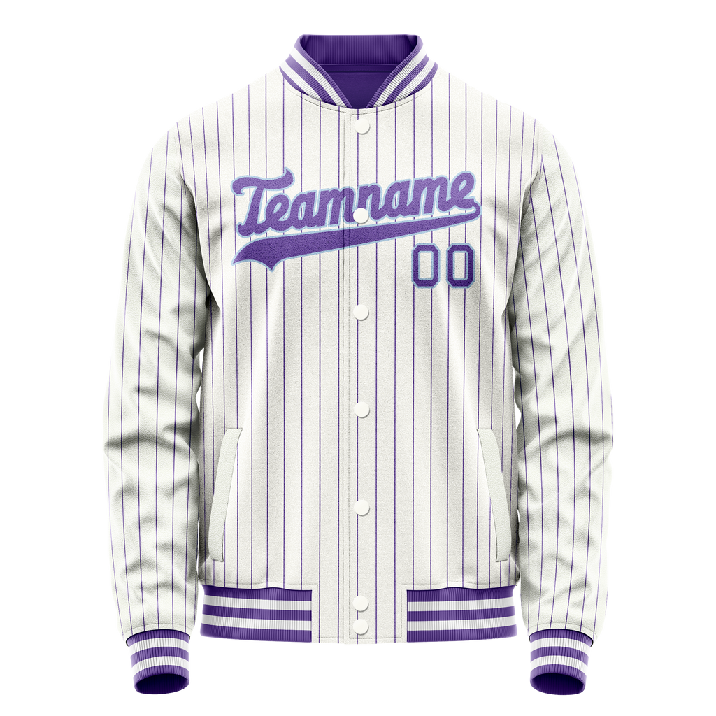 Personalized White & Purple Purple Pinstripe Varsity Letterman Jacket