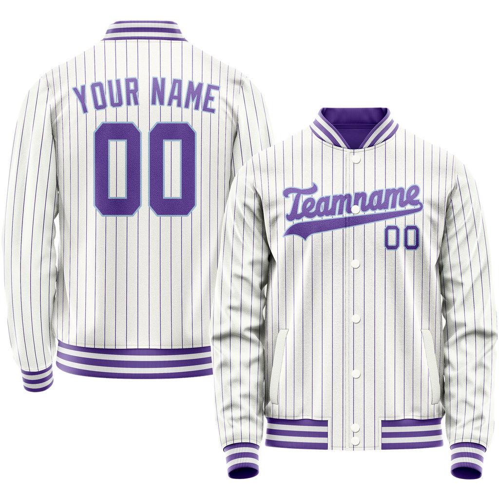 Personalized White & Purple Purple Pinstripe Varsity Letterman Jacket