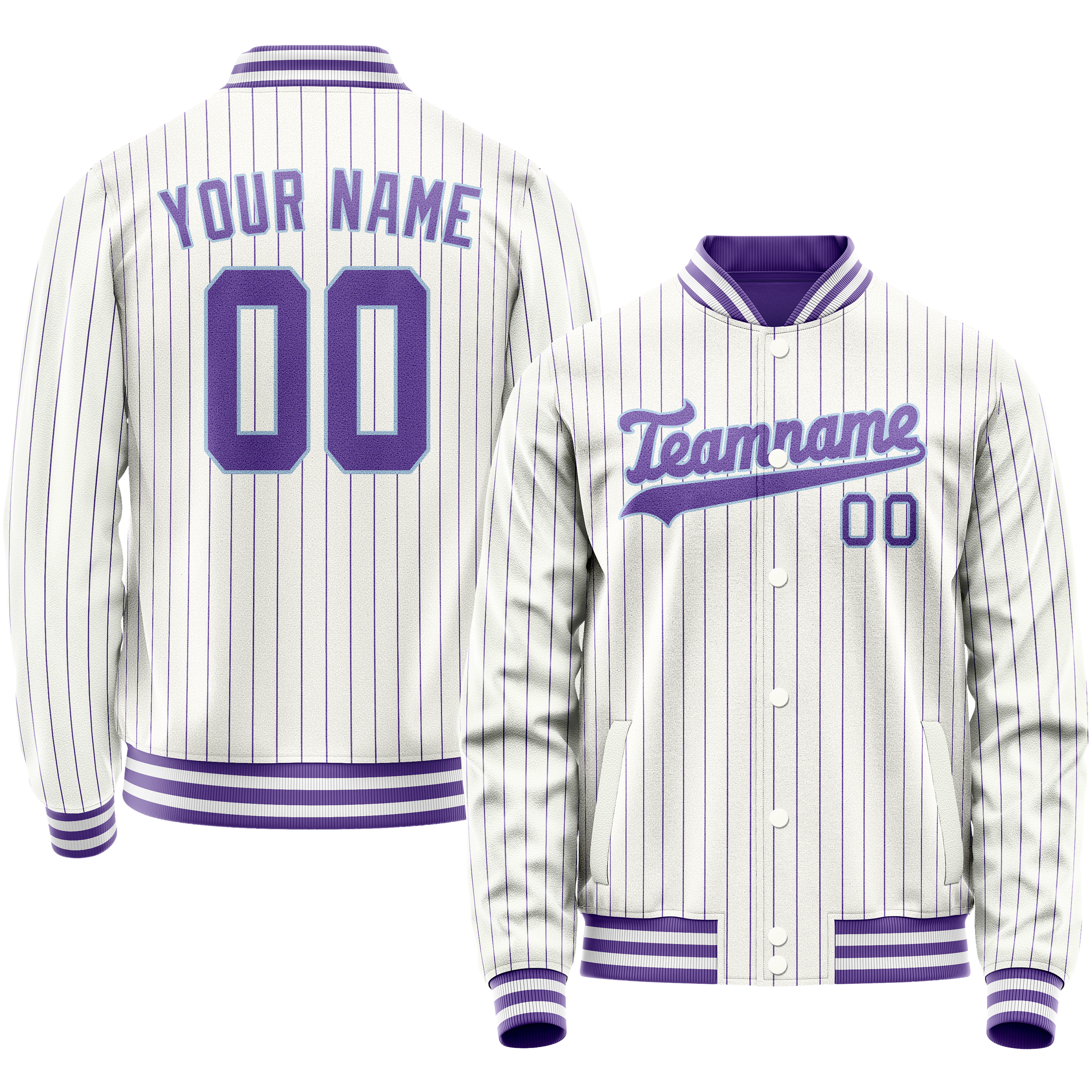 Personalized White & Purple Purple Pinstripe Varsity Letterman Jacket