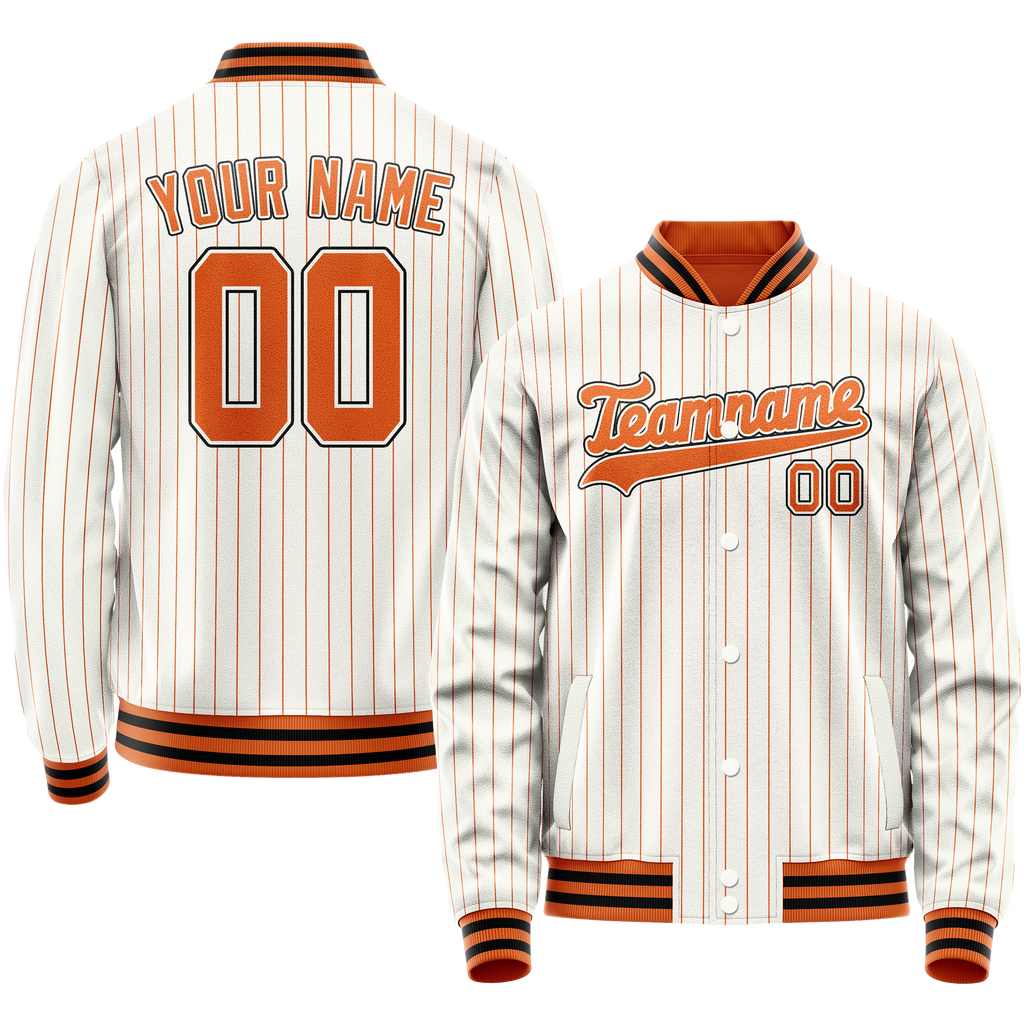 Personalized White & Orange Orange Pinstripe Varsity Letterman Jacket