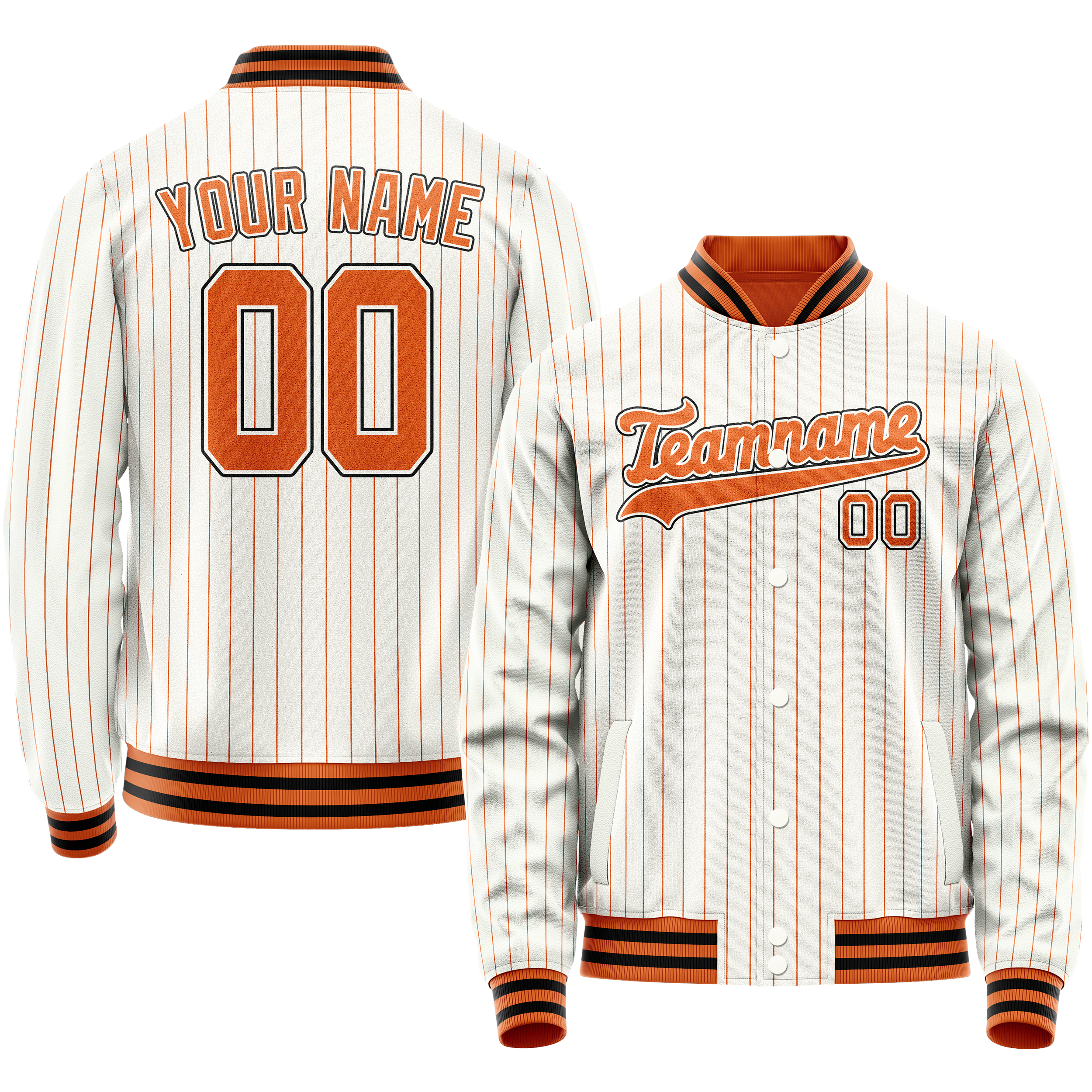 Personalized White & Orange Orange Pinstripe Varsity Letterman Jacket